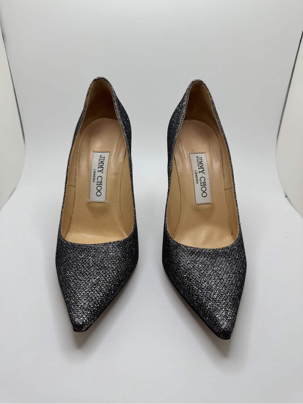 Jimmy Choo Romy Gunmetal Silver Glitter Pointed-Toe Pumps Size 36